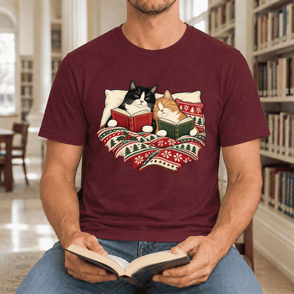 Cozy Cats Reading Christmas Ultra-Soft Cotton T-Shirt | Christmas Reader Gift Maroon