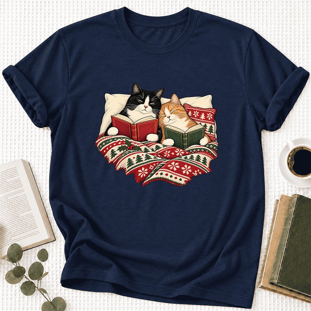 Cozy Cats Reading Christmas Ultra-Soft Cotton T-Shirt | Christmas Reader Gift Navy