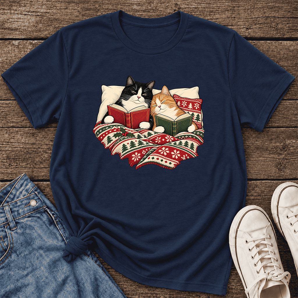 Cozy Cats Reading Christmas Ultra-Soft Cotton T-Shirt | Christmas Reader Gift Navy
