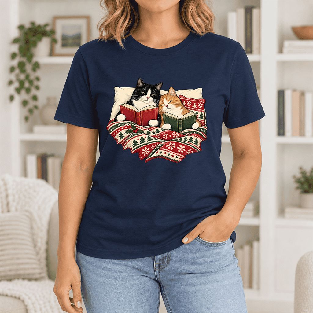 Cozy Cats Reading Christmas Ultra-Soft Cotton T-Shirt | Christmas Reader Gift Navy