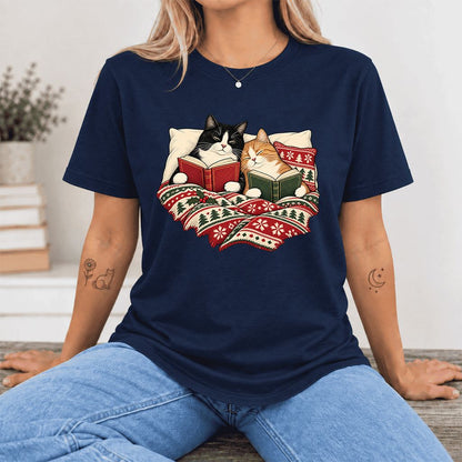Cozy Cats Reading Christmas Ultra-Soft Cotton T-Shirt | Christmas Reader Gift Navy