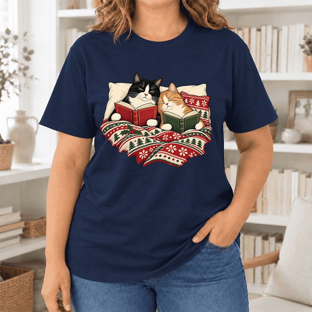 Cozy Cats Reading Christmas Ultra-Soft Cotton T-Shirt | Christmas Reader Gift Navy