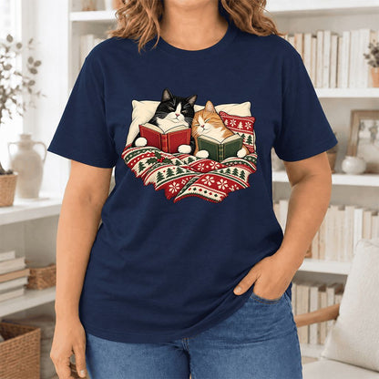 Cozy Cats Reading Christmas Ultra-Soft Cotton T-Shirt | Christmas Reader Gift Navy