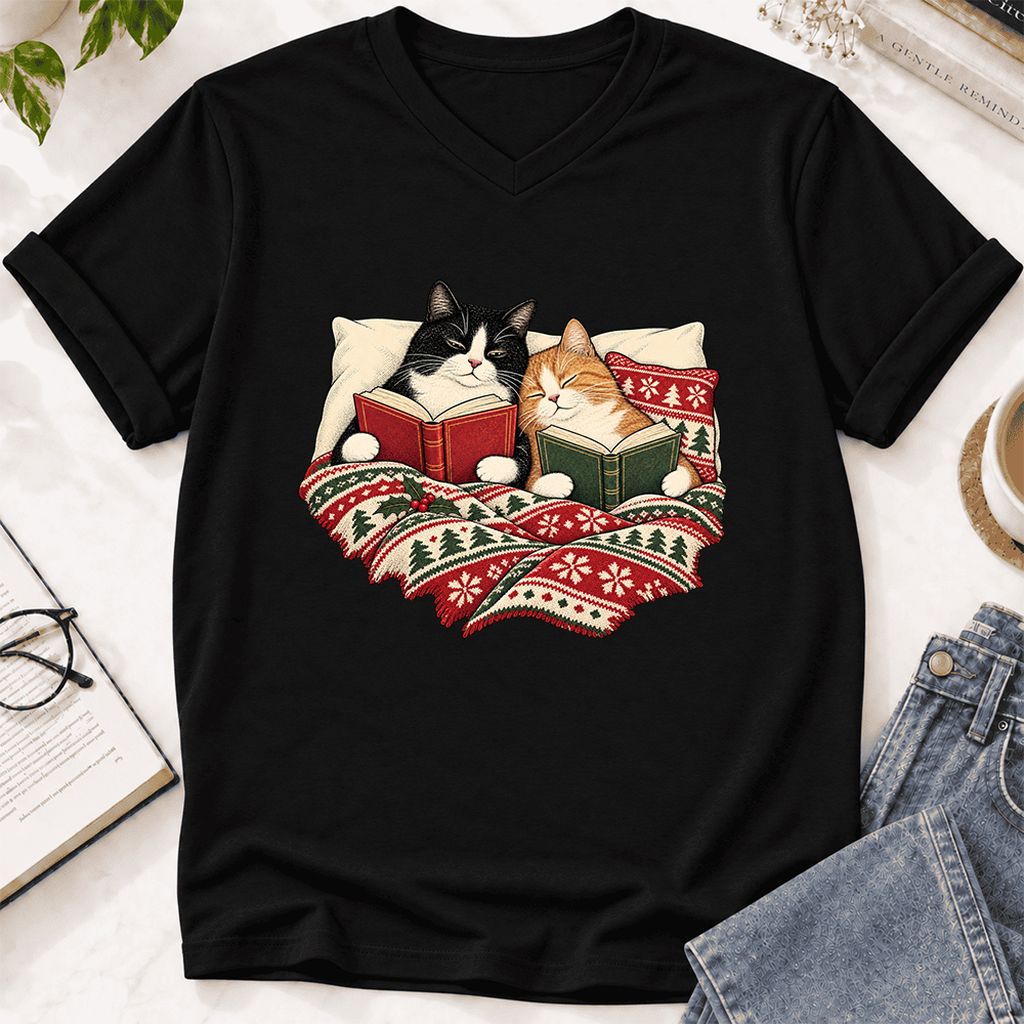 Cozy Cats Reading Under The Christmas Blanket Ultra-Soft V-Neck | Reader Gift Black