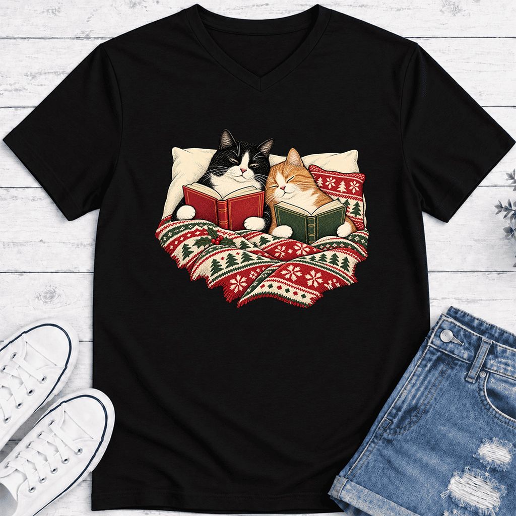 Cozy Cats Reading Under The Christmas Blanket Ultra-Soft V-Neck | Reader Gift Black