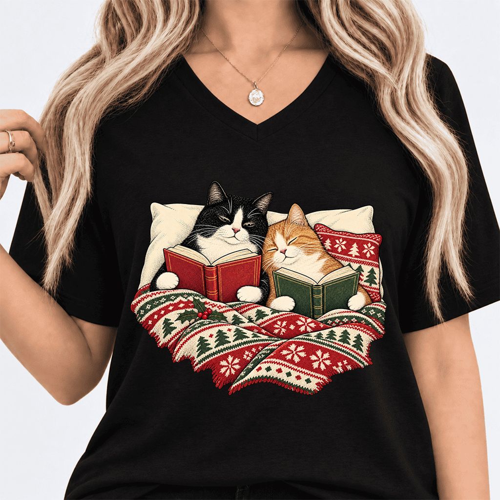 Cozy Cats Reading Under The Christmas Blanket Ultra-Soft V-Neck | Reader Gift Black