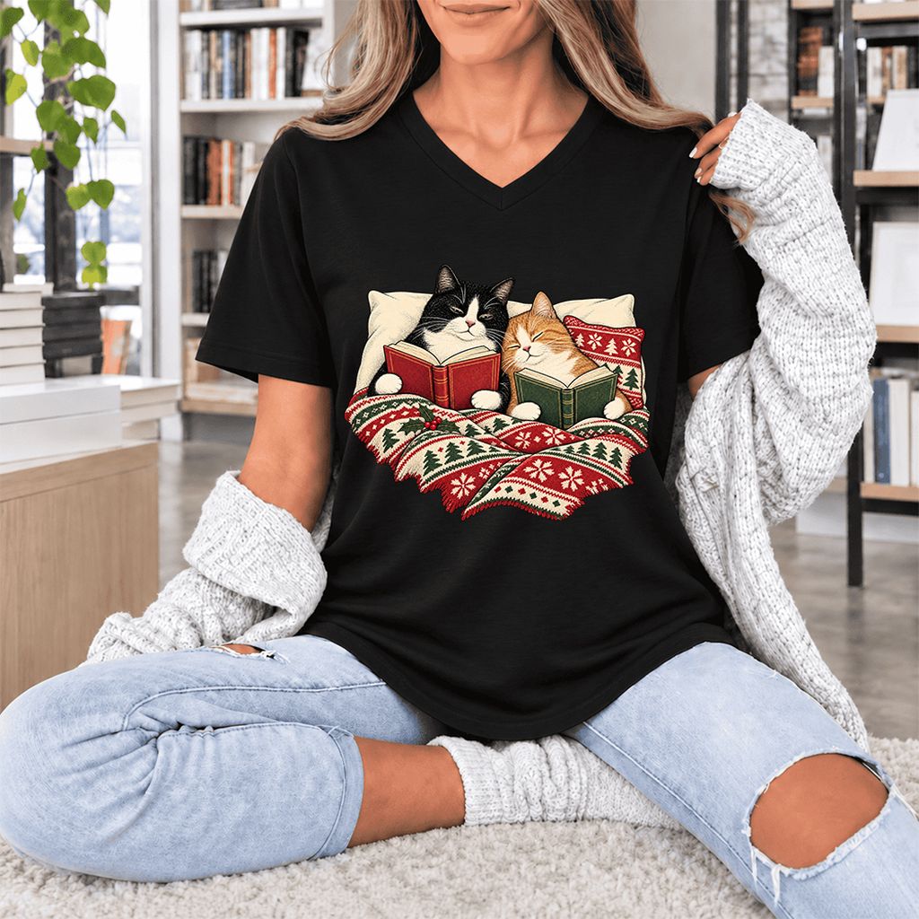 Cozy Cats Reading Under The Christmas Blanket Ultra-Soft V-Neck | Reader Gift Black
