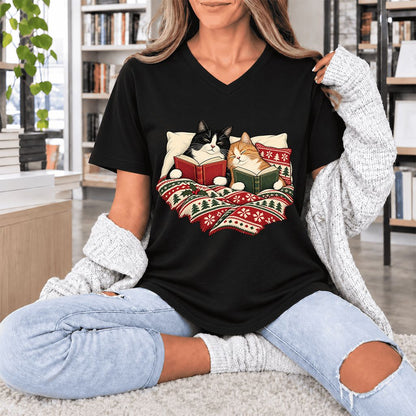 Cozy Cats Reading Under The Christmas Blanket Ultra-Soft V-Neck | Reader Gift Black