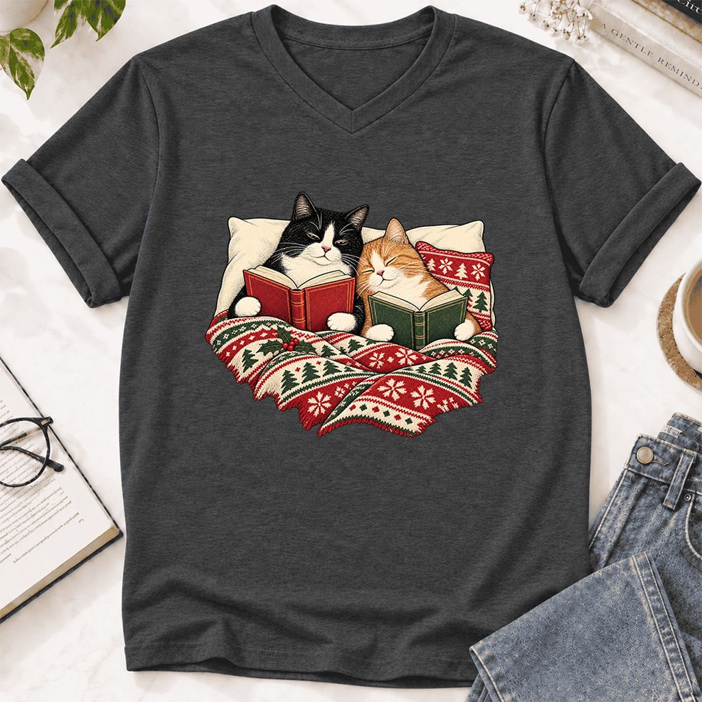 Cozy Cats Reading Under The Christmas Blanket Ultra-Soft V-Neck | Reader Gift Dark Grey Heather