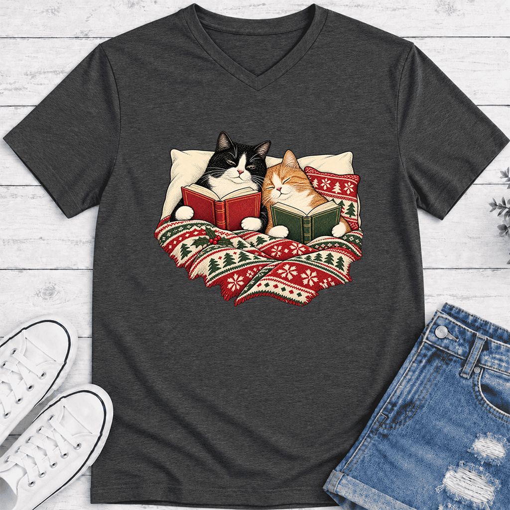 Cozy Cats Reading Under The Christmas Blanket Ultra-Soft V-Neck | Reader Gift Dark Grey Heather
