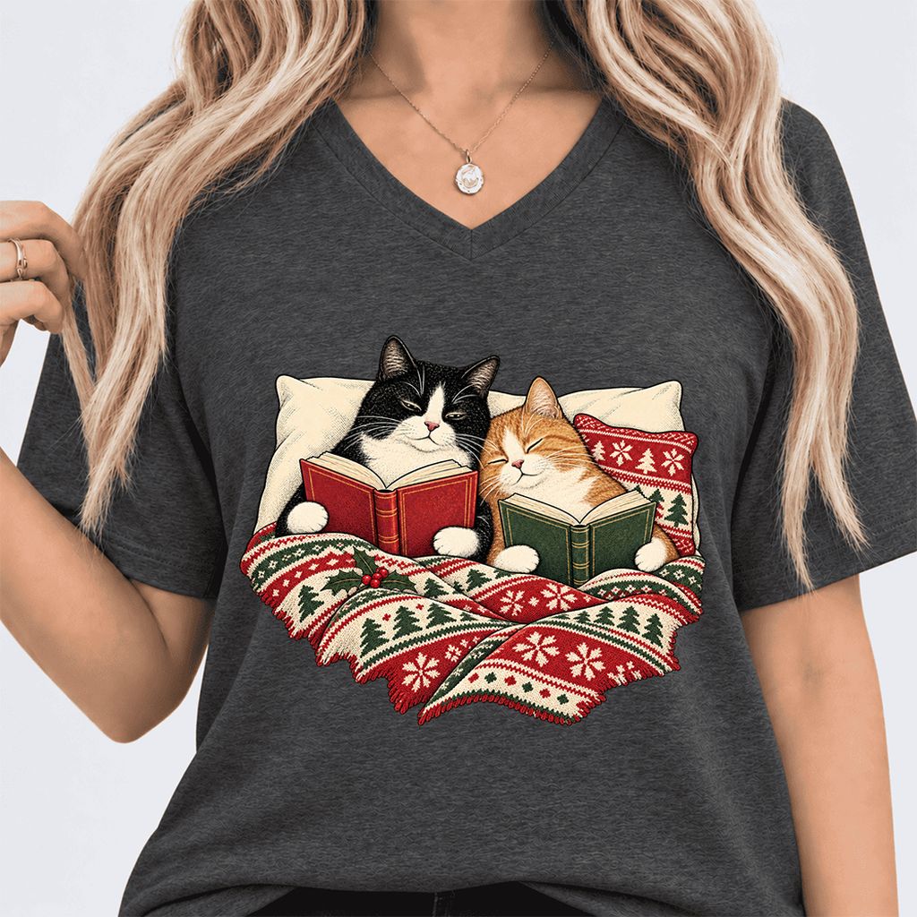 Cozy Cats Reading Under The Christmas Blanket Ultra-Soft V-Neck | Reader Gift Dark Grey Heather