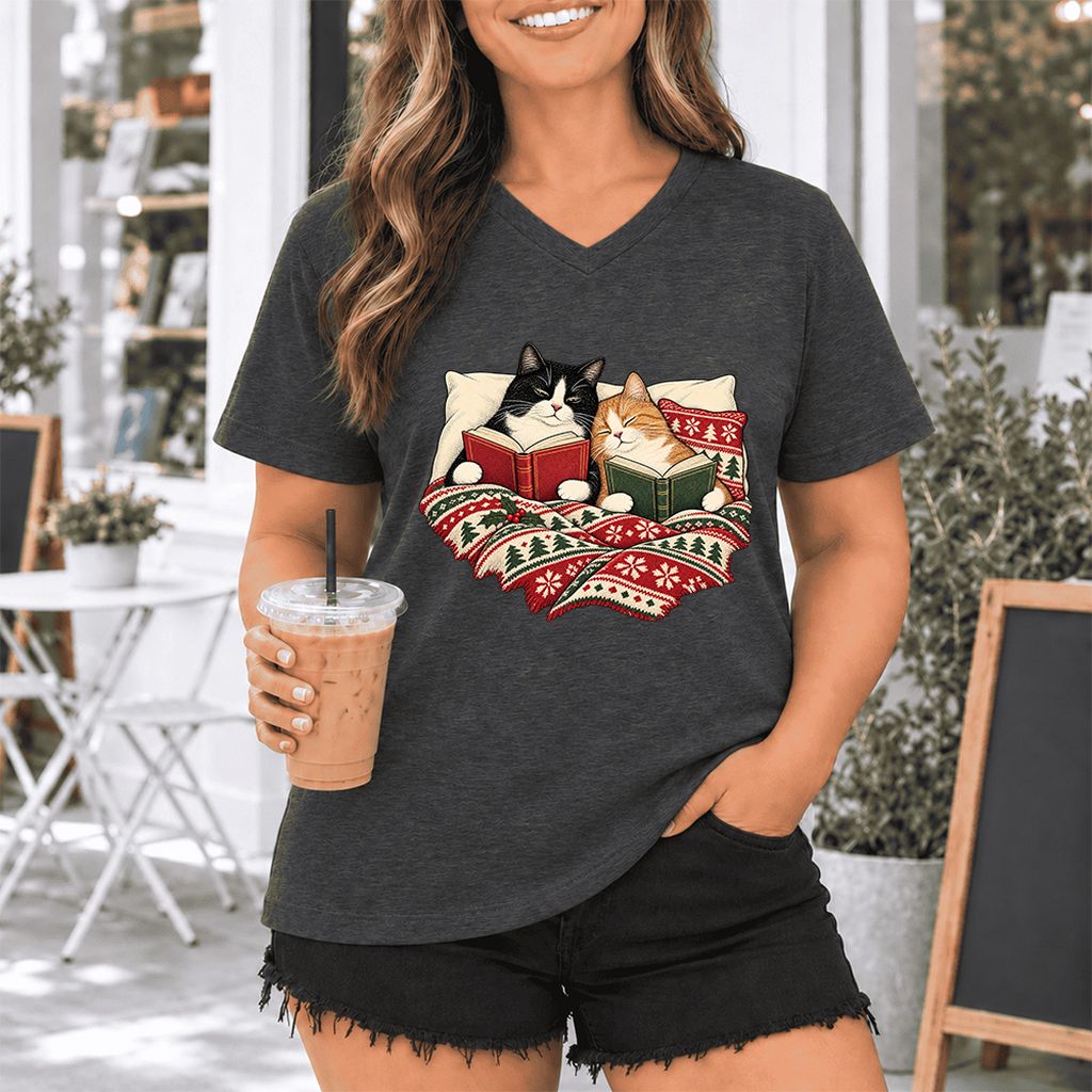 Cozy Cats Reading Under The Christmas Blanket Ultra-Soft V-Neck | Reader Gift Dark Grey Heather