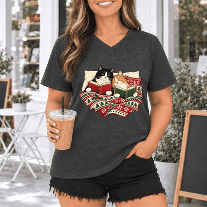 Cozy Cats Reading Under The Christmas Blanket Ultra-Soft V-Neck | Reader Gift Dark Grey Heather