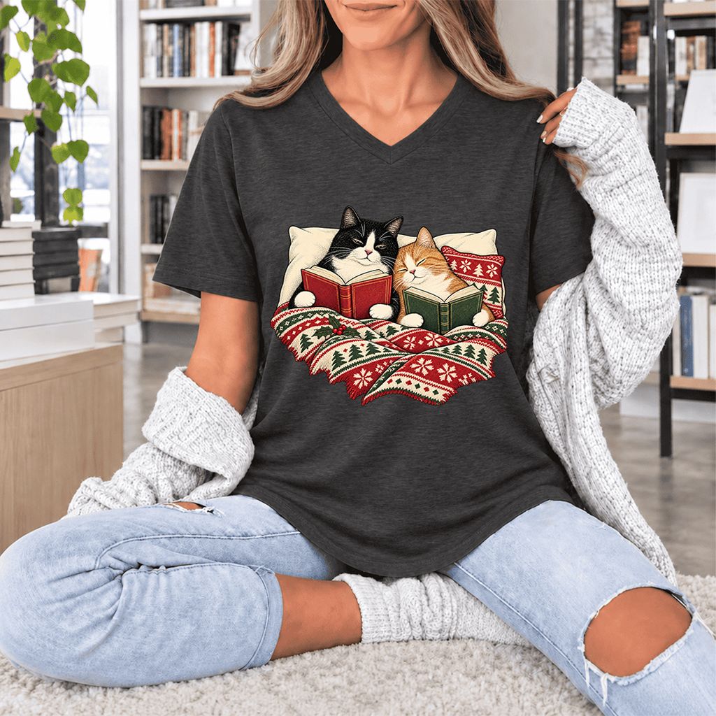 Cozy Cats Reading Under The Christmas Blanket Ultra-Soft V-Neck | Reader Gift Dark Grey Heather