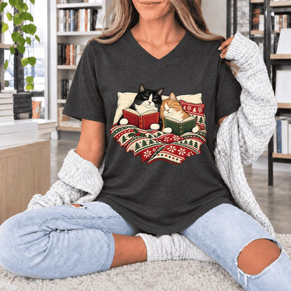 Cozy Cats Reading Under The Christmas Blanket Ultra-Soft V-Neck | Reader Gift Dark Grey Heather