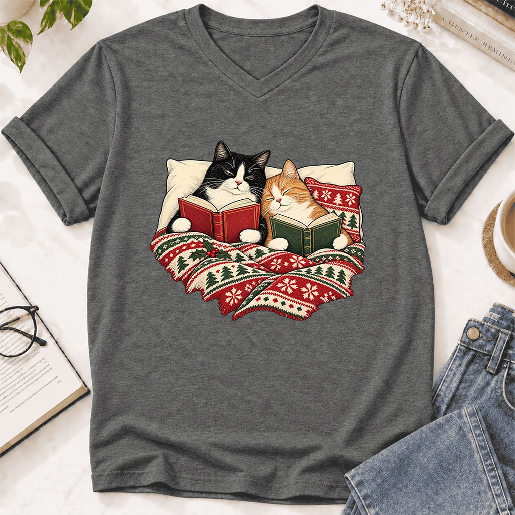 Cozy Cats Reading Under The Christmas Blanket Ultra-Soft V-Neck | Reader Gift Deep Heather