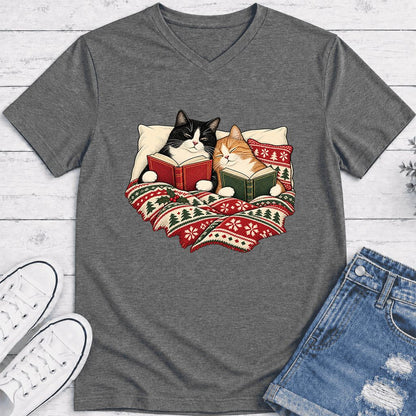 Cozy Cats Reading Under The Christmas Blanket Ultra-Soft V-Neck | Reader Gift Deep Heather