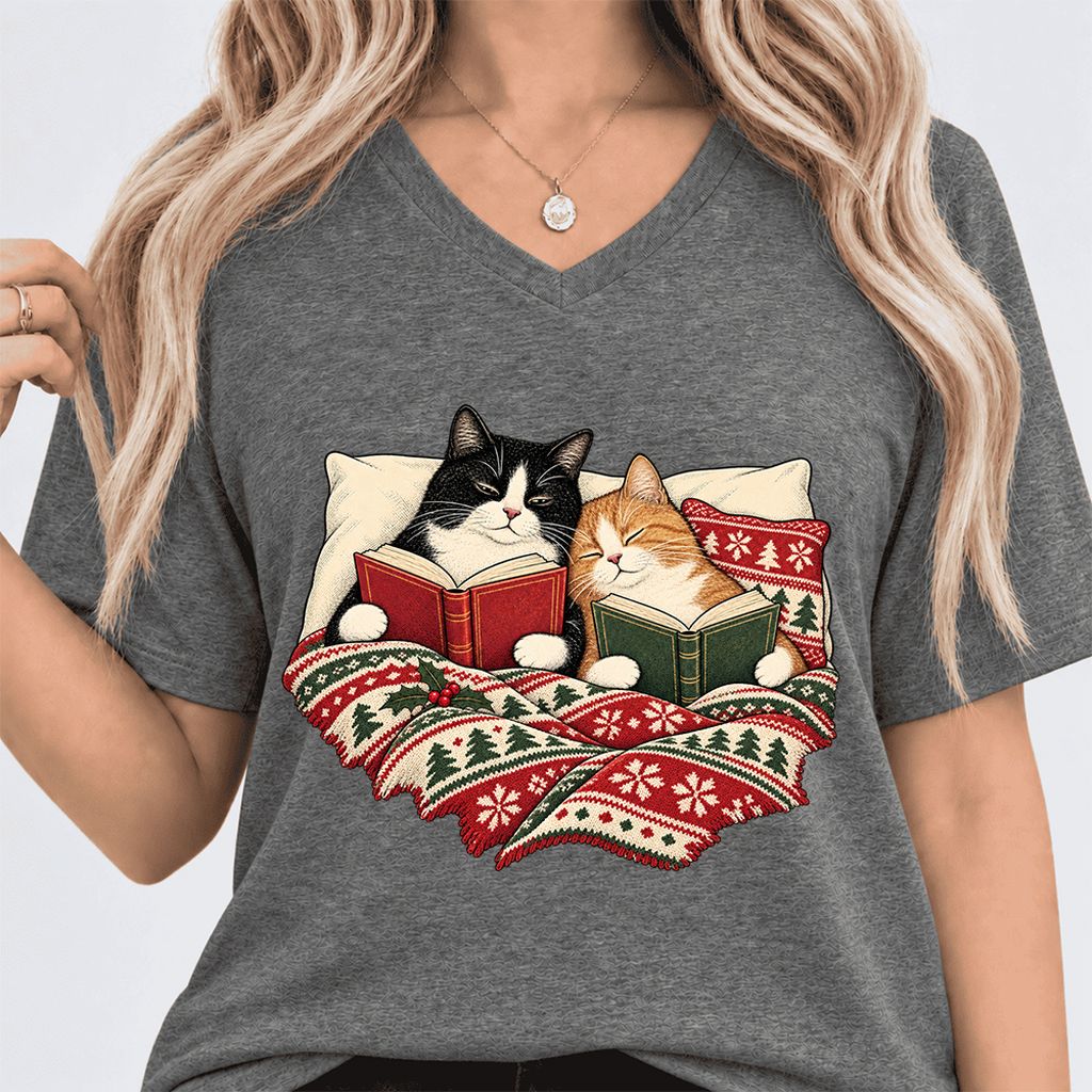 Cozy Cats Reading Under The Christmas Blanket Ultra-Soft V-Neck | Reader Gift Deep Heather