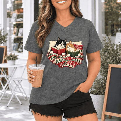 Cozy Cats Reading Under The Christmas Blanket Ultra-Soft V-Neck | Reader Gift Deep Heather