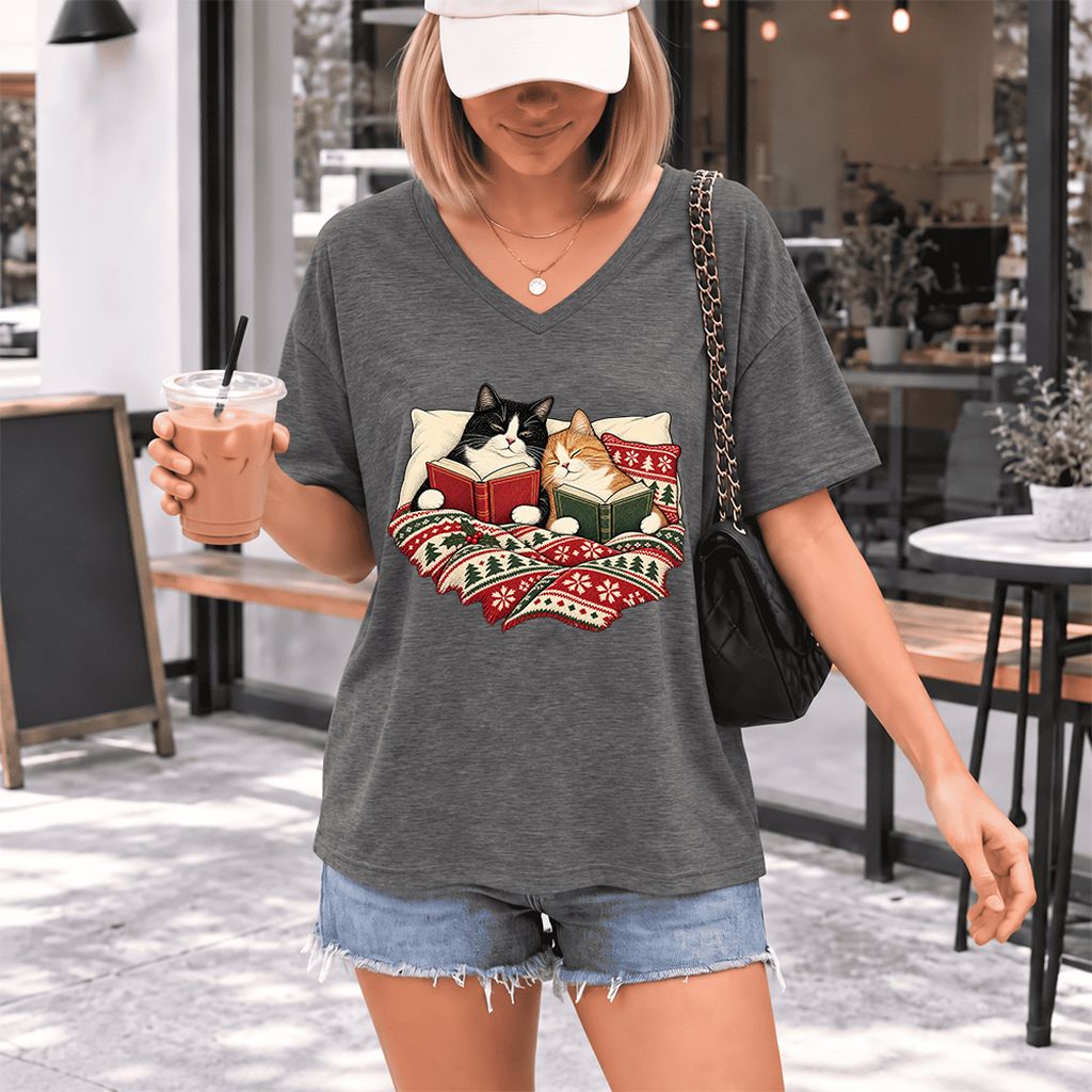 Cozy Cats Reading Under The Christmas Blanket Ultra-Soft V-Neck | Reader Gift Deep Heather