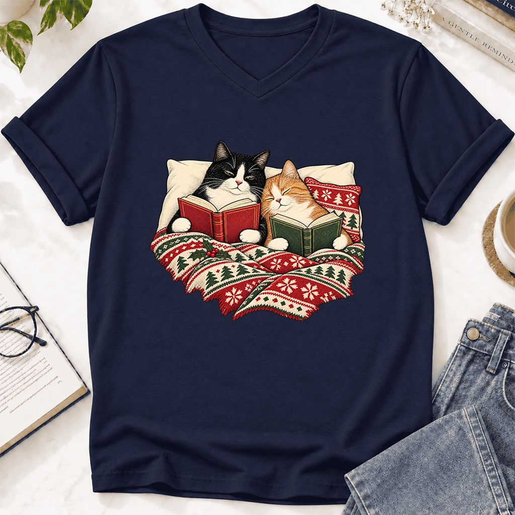 Cozy Cats Reading Under The Christmas Blanket Ultra-Soft V-Neck | Reader Gift Navy