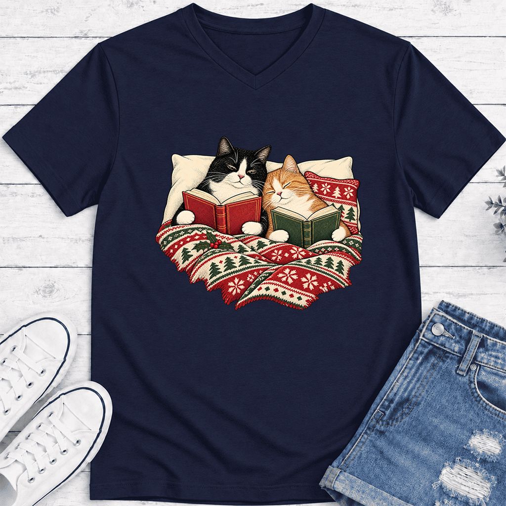Cozy Cats Reading Under The Christmas Blanket Ultra-Soft V-Neck | Reader Gift Navy