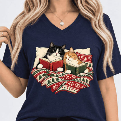 Cozy Cats Reading Under The Christmas Blanket Ultra-Soft V-Neck | Reader Gift Navy