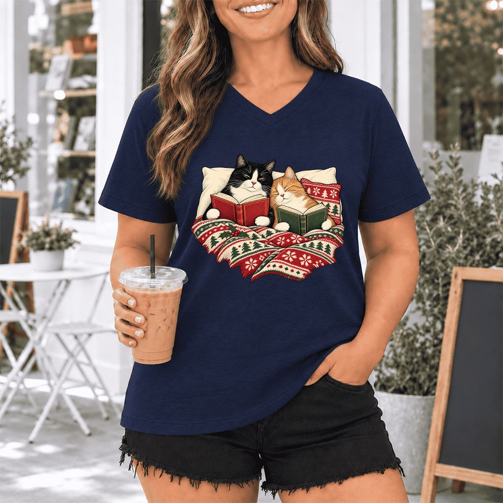 Cozy Cats Reading Under The Christmas Blanket Ultra-Soft V-Neck | Reader Gift Navy