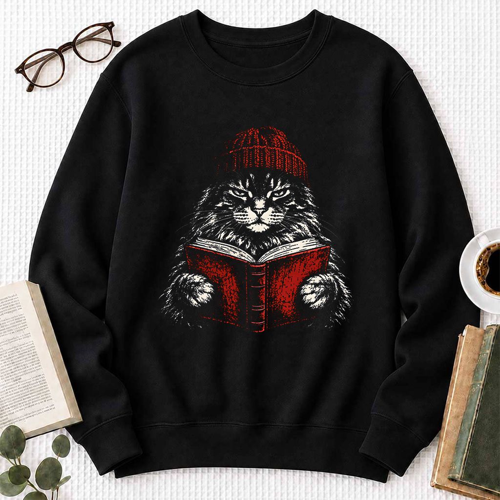 Maine Coon Cat Reading Printed Sweatshirt | Cat Lover Reader Gift Black