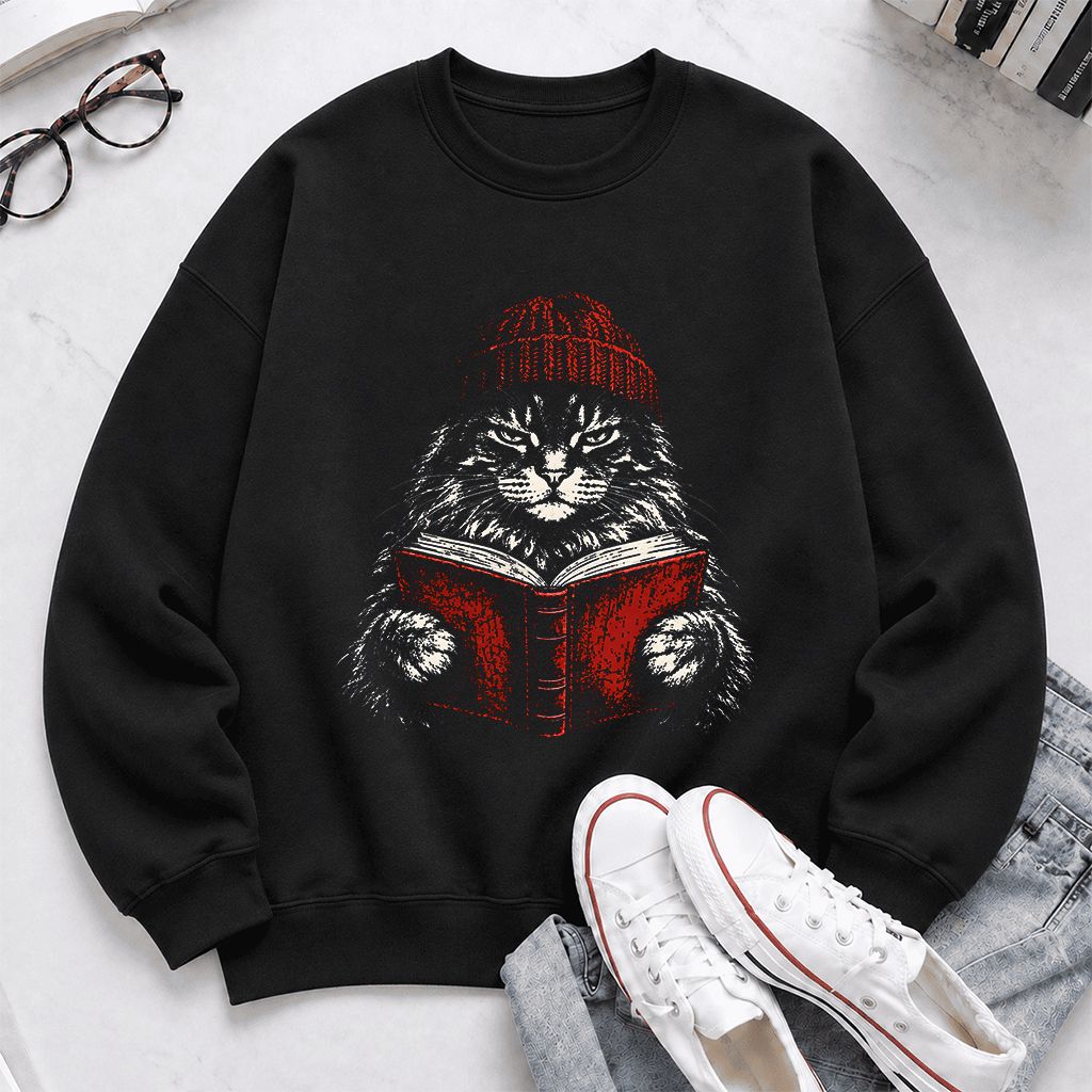 Maine Coon Cat Reading Printed Sweatshirt | Cat Lover Reader Gift Black