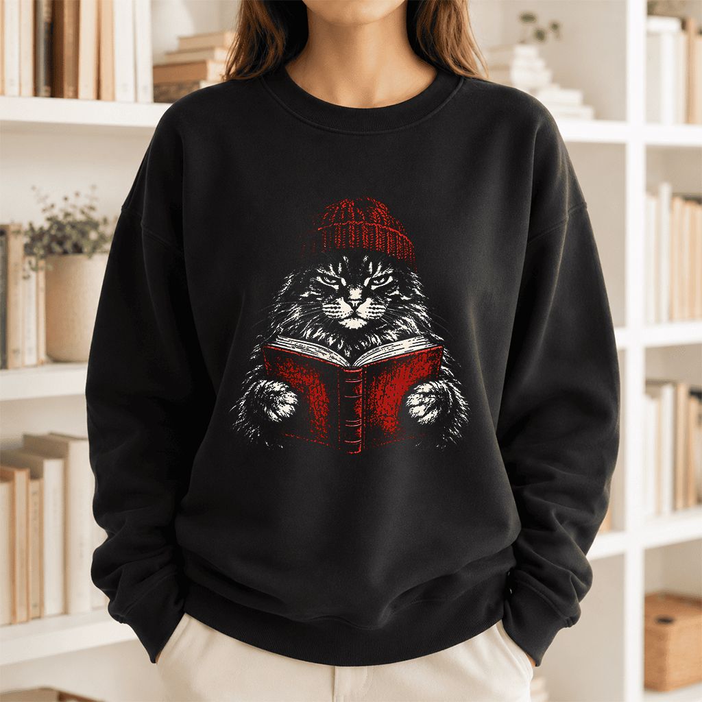 Maine Coon Cat Reading Printed Sweatshirt | Cat Lover Reader Gift Black