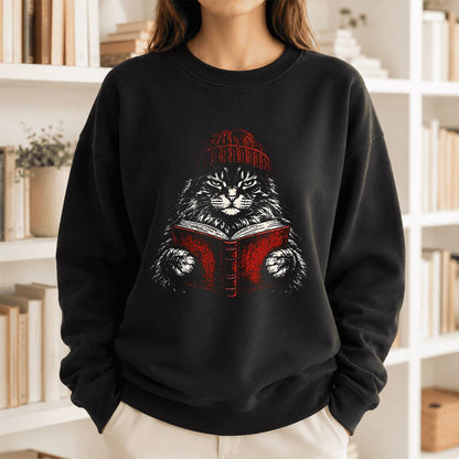 Maine Coon Cat Reading Printed Sweatshirt | Cat Lover Reader Gift Black