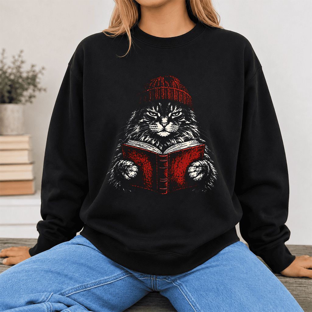 Maine Coon Cat Reading Printed Sweatshirt | Cat Lover Reader Gift Black