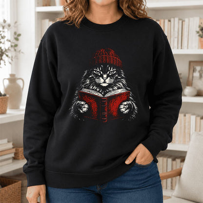 Maine Coon Cat Reading Printed Sweatshirt | Cat Lover Reader Gift Black