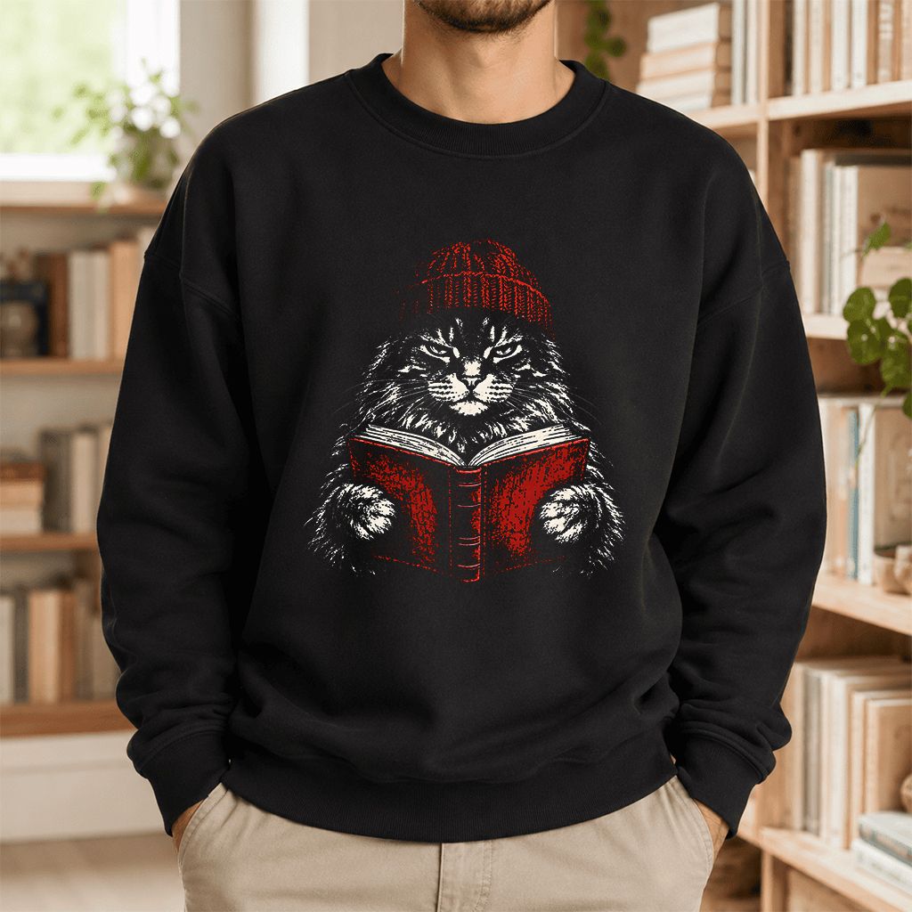 Maine Coon Cat Reading Printed Sweatshirt | Cat Lover Reader Gift Black