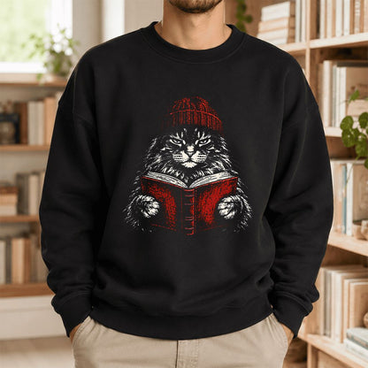 Maine Coon Cat Reading Printed Sweatshirt | Cat Lover Reader Gift Black