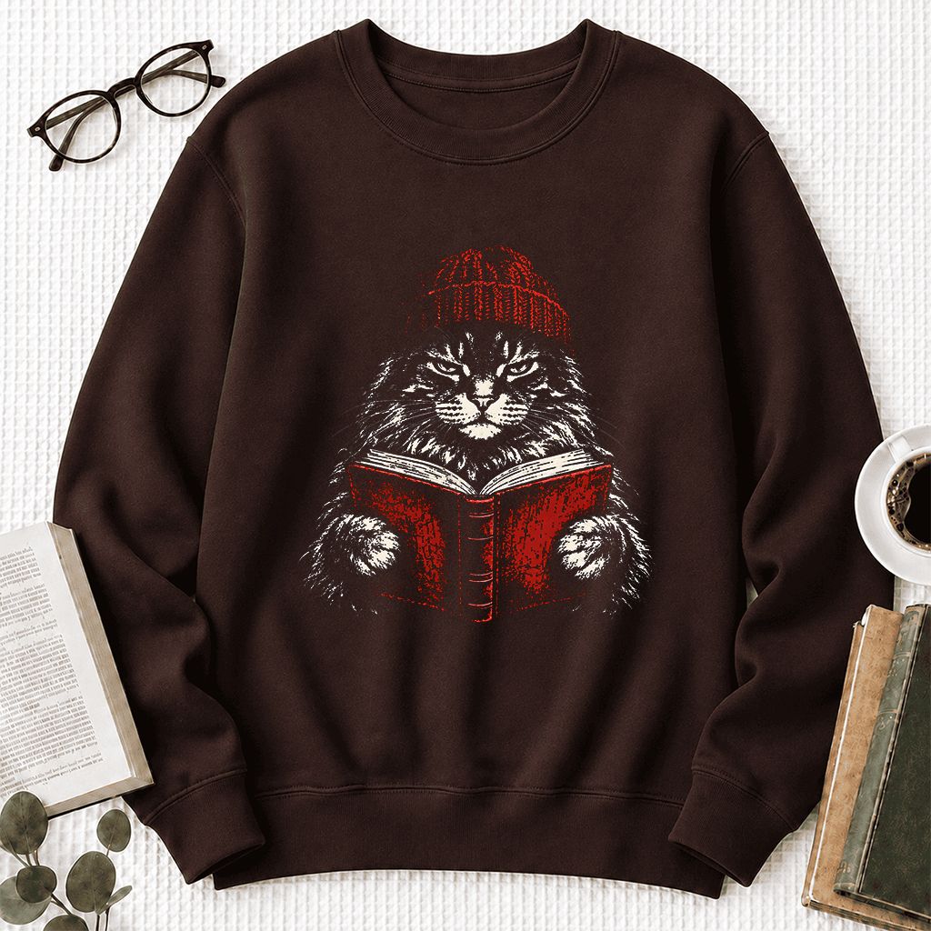 Maine Coon Cat Reading Printed Sweatshirt | Cat Lover Reader Gift Dark Chocolate