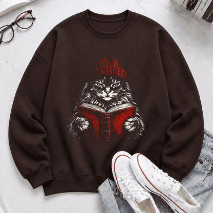 Maine Coon Cat Reading Printed Sweatshirt | Cat Lover Reader Gift Dark Chocolate