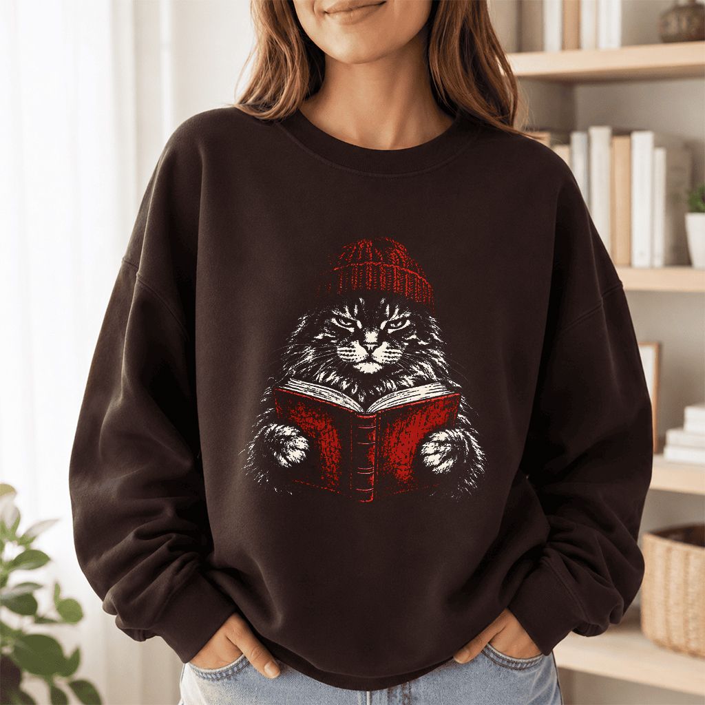 Maine Coon Cat Reading Printed Sweatshirt | Cat Lover Reader Gift Dark Chocolate