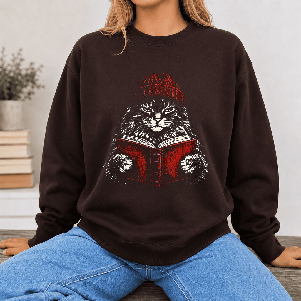 Maine Coon Cat Reading Printed Sweatshirt | Cat Lover Reader Gift Dark Chocolate