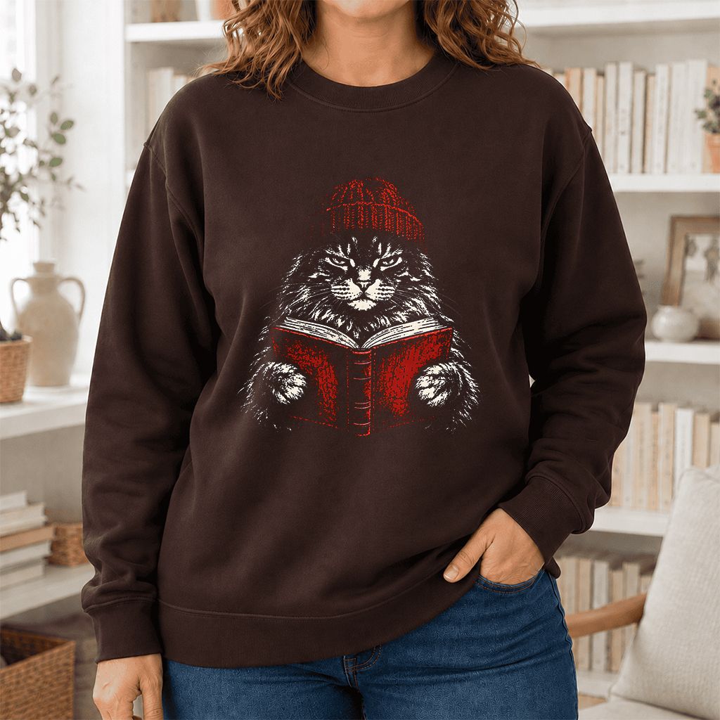 Maine Coon Cat Reading Printed Sweatshirt | Cat Lover Reader Gift Dark Chocolate
