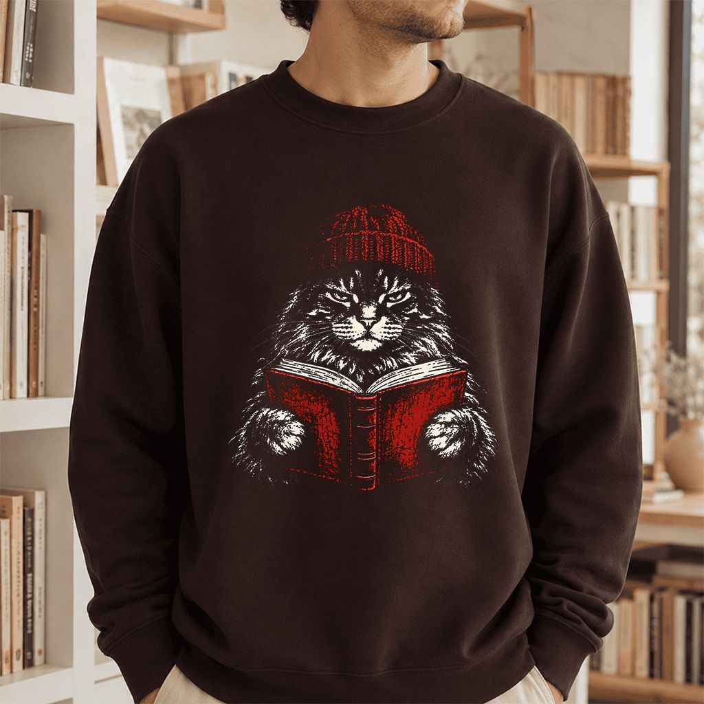 Maine Coon Cat Reading Printed Sweatshirt | Cat Lover Reader Gift Dark Chocolate