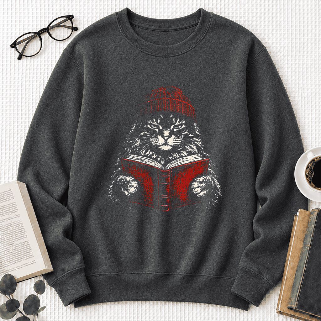 Maine Coon Cat Reading Printed Sweatshirt | Cat Lover Reader Gift Dark Heather
