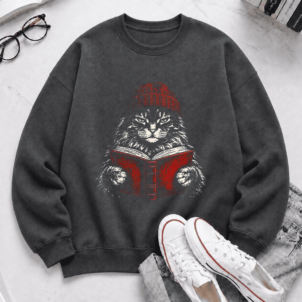 Maine Coon Cat Reading Printed Sweatshirt | Cat Lover Reader Gift Dark Heather