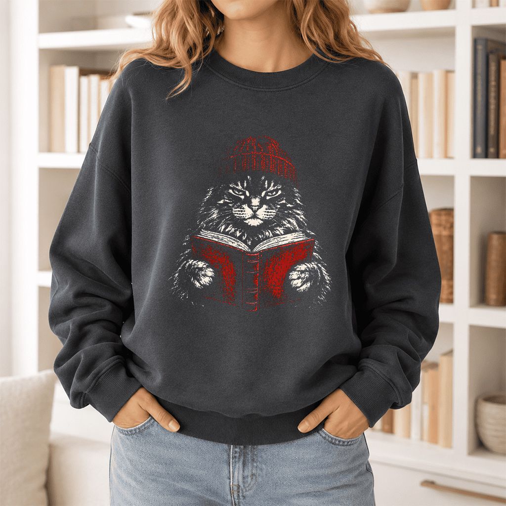Maine Coon Cat Reading Printed Sweatshirt | Cat Lover Reader Gift Dark Heather