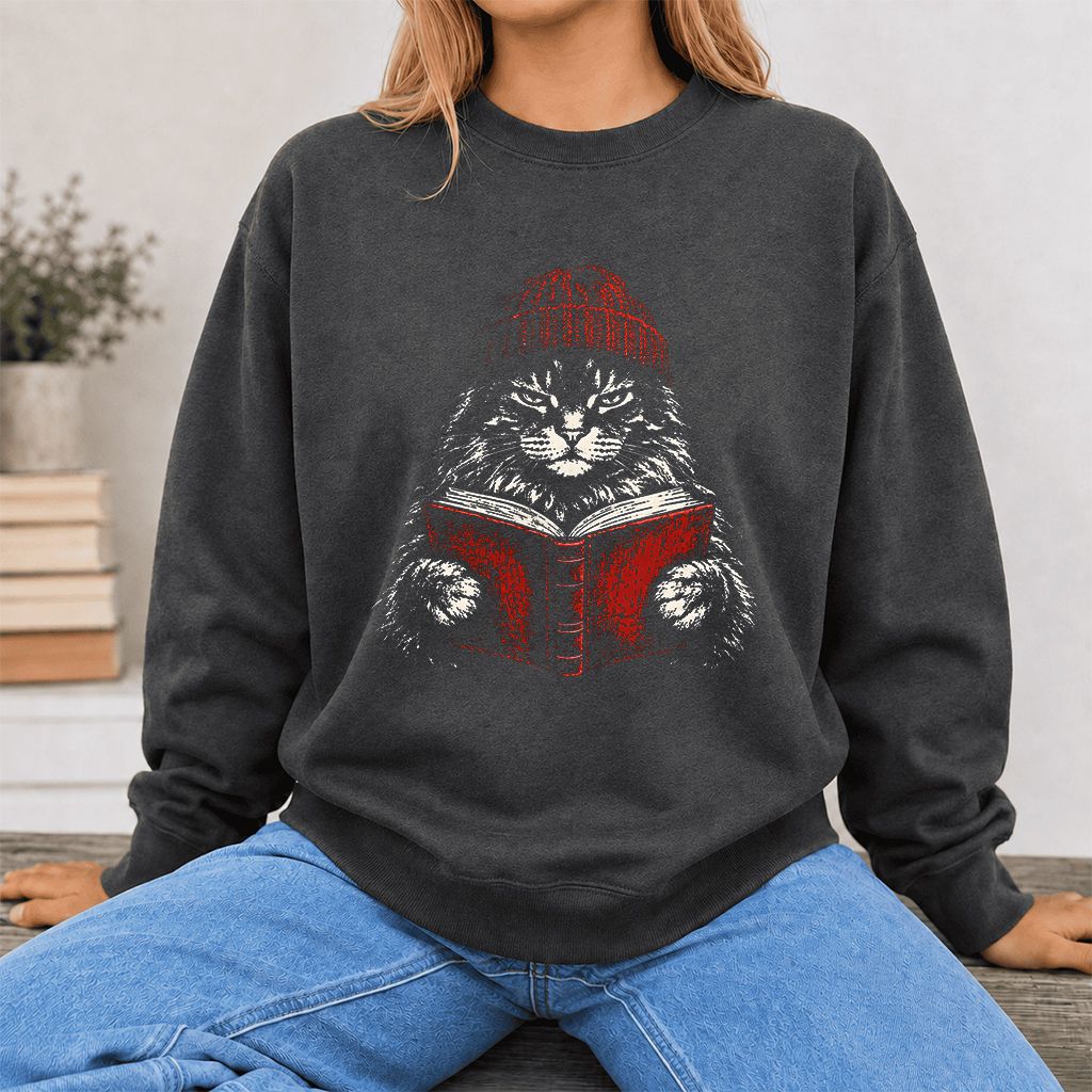 Maine Coon Cat Reading Printed Sweatshirt | Cat Lover Reader Gift Dark Heather