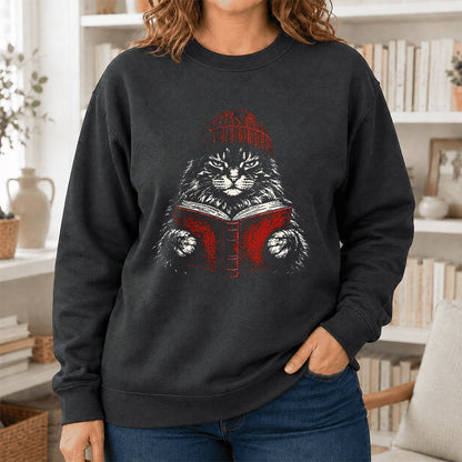 Maine Coon Cat Reading Printed Sweatshirt | Cat Lover Reader Gift Dark Heather