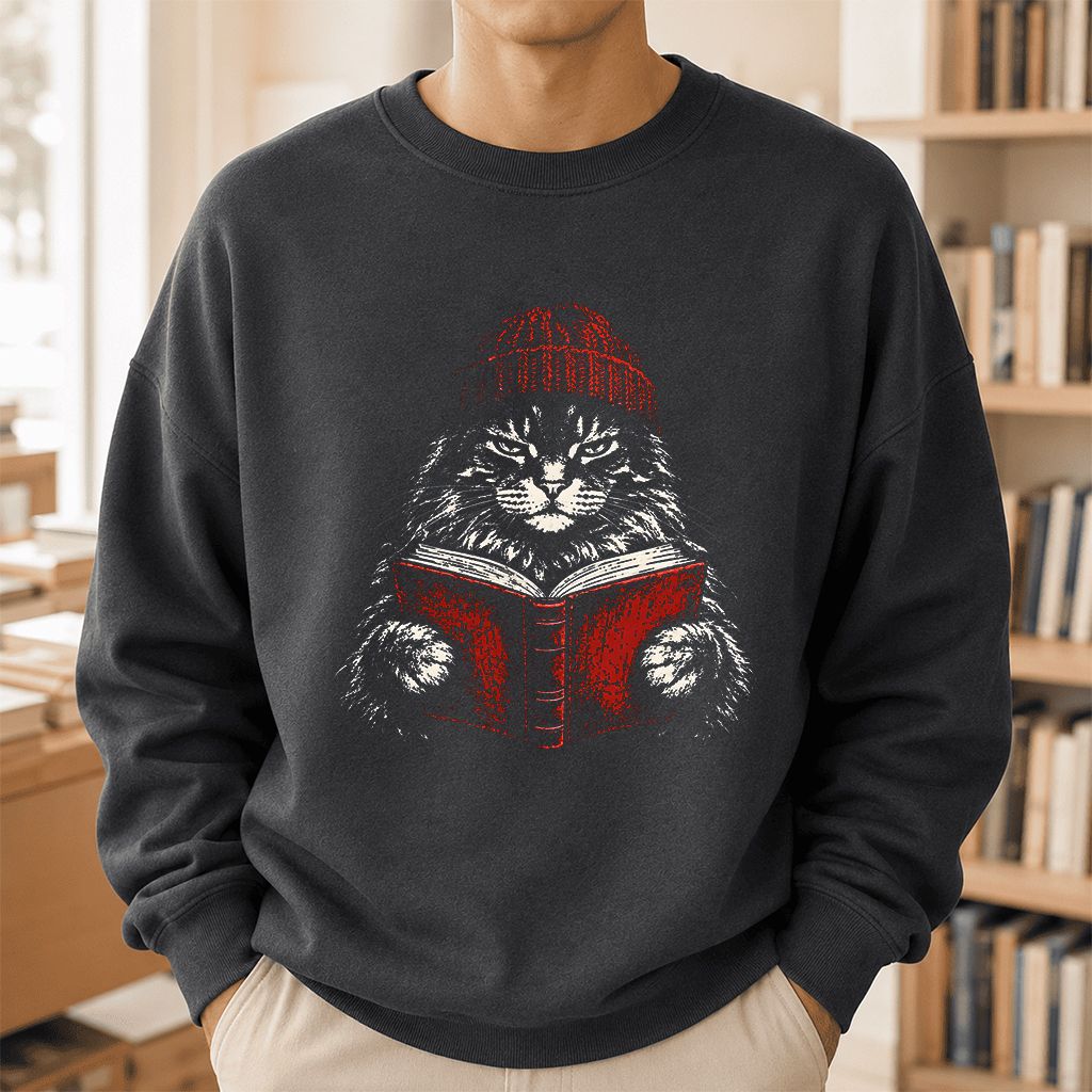 Maine Coon Cat Reading Printed Sweatshirt | Cat Lover Reader Gift Dark Heather