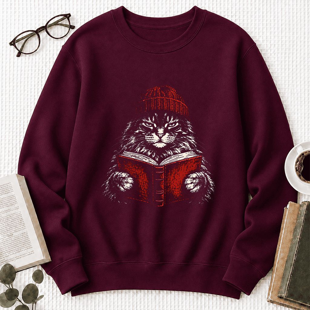 Maine Coon Cat Reading Printed Sweatshirt | Cat Lover Reader Gift Maroon
