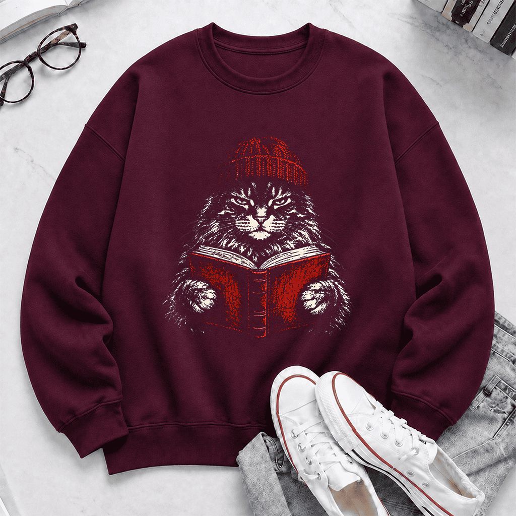 Maine Coon Cat Reading Printed Sweatshirt | Cat Lover Reader Gift Maroon